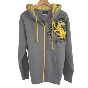 Harry Potter Universal Studios Hufflepuff Hoodie Men M Gray Full Zip Crest
